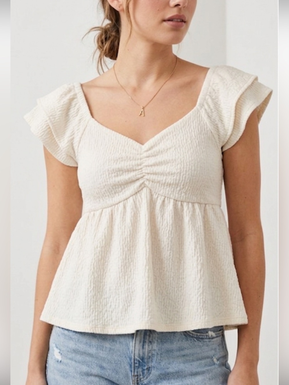 No Boundaries Smocked Babydoll Flutter Sleeve Top Off White Women’s Small